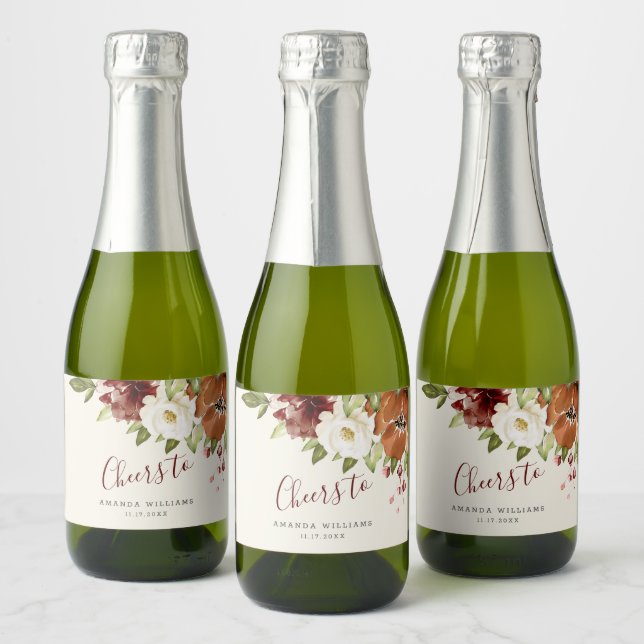 Cheers Autumn Floral Burgundy Mini Sparkling Wine  Sparkling Wine Label (Bottles)