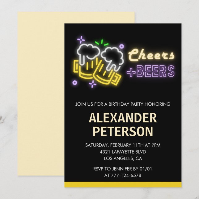 Cheers Beer 49th birthday invitation Men Neon Glow (Front/Back)