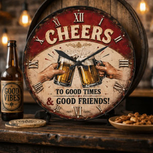 Cheers Beer Rustic Bar Vintage Pub Decor Man Cave Large Clock