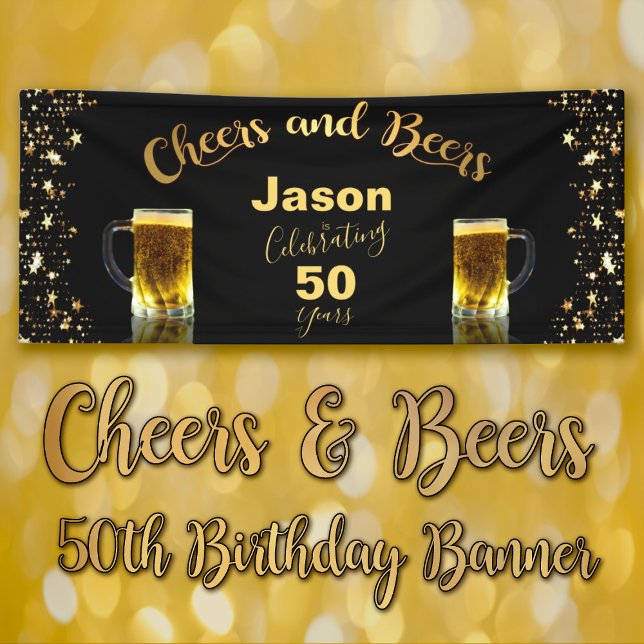 Cheers & Beers 50th Birthday Banner (Cheers & Beers Celebrating 50th Birthday Banner in Black and Gold featuring 2 frosty mugs of beer.)