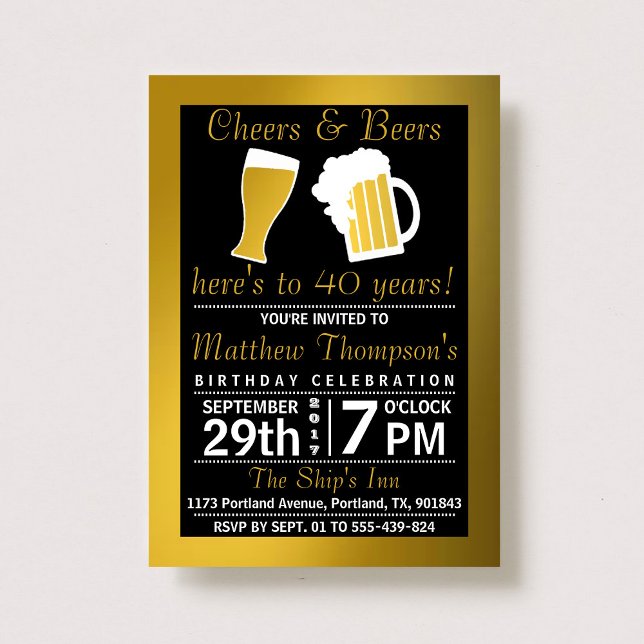 Cheers & Beers Black & Gold Birthday Party Invitation (Creator Uploaded)