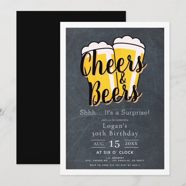 Cheers & Beers Chalkboard Surprise Birthday Party Invitation (Front/Back)