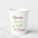Cheers Beers Golf 40th Birthday Party Paper Cups<br><div class="desc">This is a cool and modern, 40th birthday, golf party design. It is a simple, minimal design, in classic black and white with pops gold orange and green coloured typography. Perfect for a cool and fun, golf and beer themed, 40th birthday party. This design is fully customizable, simply use the...</div>
