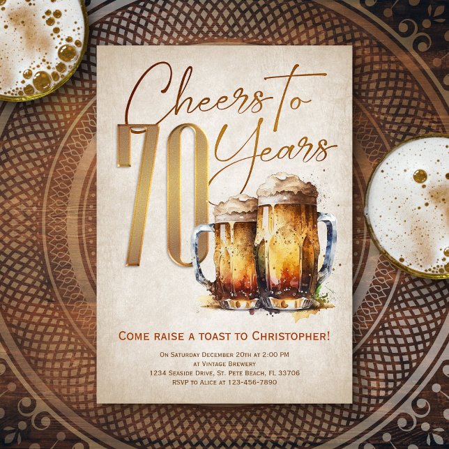 Cheers & Beers Mens Funny 70th Birthday Invitation (Creator Uploaded)