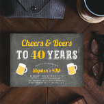 Cheers & Beers Milestone Birthday Party Invitation<br><div class="desc">Celebrate his milestone birthday with these festive party invitations featuring "cheers and beers to XX years" in white and golden yellow lettering on a brushed chalkboard background adorned with two beer mug illustrations. Personalize with your party details beneath. Example shown for 40th birthday.</div>