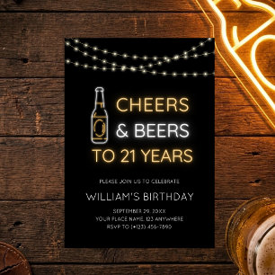 Cheers & Beers Neon Sign 21st Adult Birthday Photo Invitation