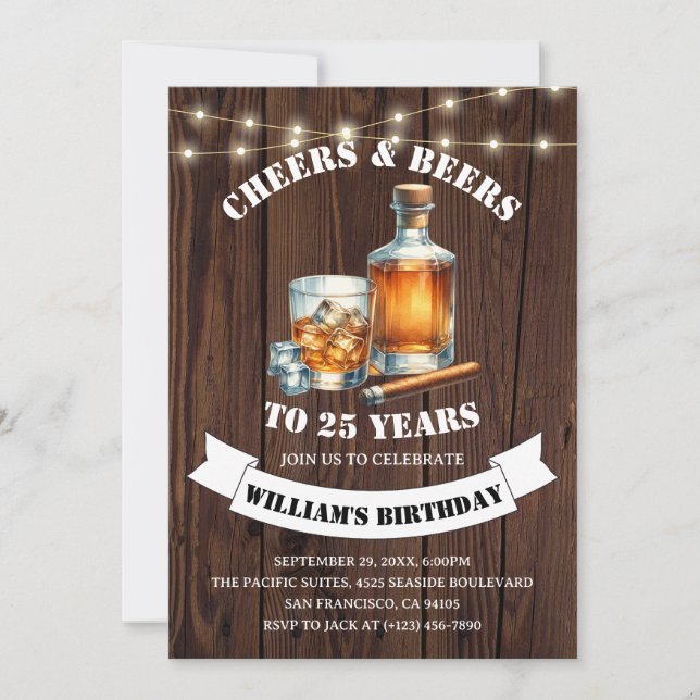 Cheers & Beers Rustic 25th Country Birthday Party Invitation (Front)