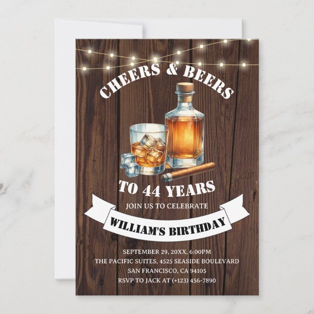 Cheers & Beers Rustic 44th Country Birthday Party Invitation (Front)