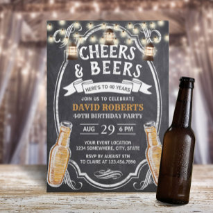 Cheers & Beers Rustic Chalkboard 40th Birthday Invitation