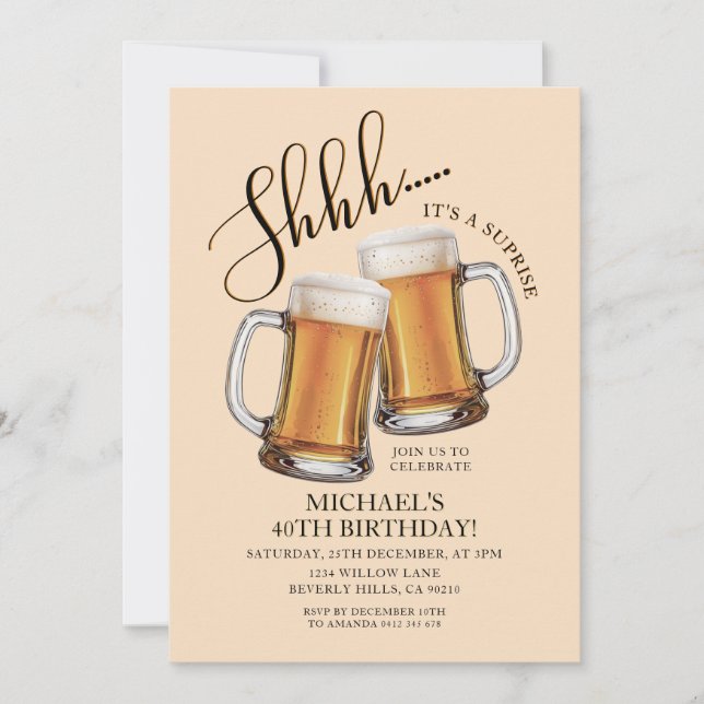 Cheers & Beers Surprise Adult 40th Birthday Party Invitation (Front)