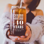 Cheers & Beers to 40 Years Any Milestone Birthday Can Glass<br><div class="desc">Commemorate a special birthday with these awesome personalized party favour glasses. Design features "cheers and beers to XX years" in white lettering; example shown for a 40th birthday. Add the occasion and date beneath for a unique birthday party keepsake.</div>