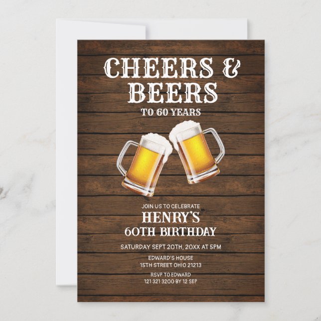Cheers & Beers To 60 Years Rustic Wood Birthday Invitation (Front)