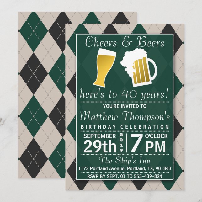 Cheers & Beers Trendy Green Birthday Party Invitation (Front/Back)