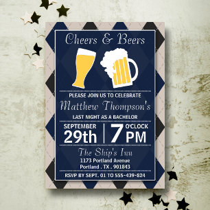 Cheers & Beers Trendy Navy Bachelor Party Invitation