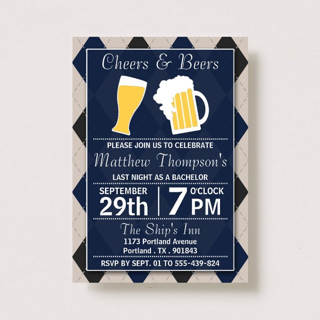 Cheers & Beers Trendy Navy Bachelor Party Invitation (Creator Uploaded)