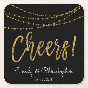 Cheers Black and Gold Foil String Lights Square Paper Coaster