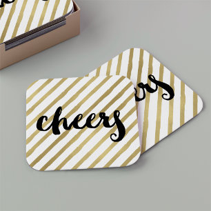 Cheers Black & Faux Gold Stripe Square Paper Coaster
