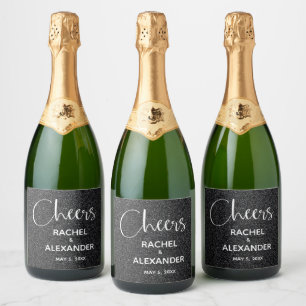 CHEERS Black Glitter Wedding Champagne Labels