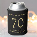 Cheers Black Gold 70th Birthday Party Can Cooler<br><div class="desc">Raise a toast at your 70th birthday party with this fun black can cooler that features "Cheers to 70 Years" and your name in simple gold lettering.</div>