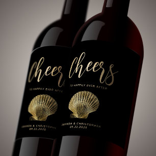 Cheers Black Gold Coastal Beach Wedding Wine Label
