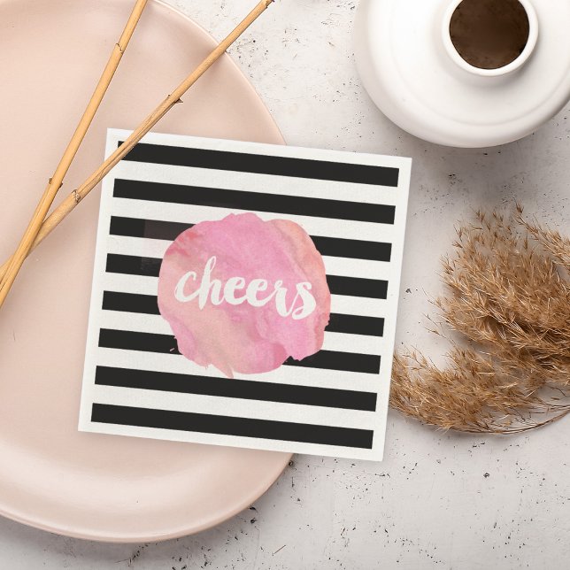 Cheers Black Stripe & Pink Watercolor Napkin (Creator Uploaded)