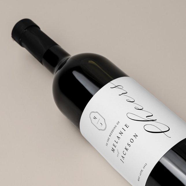 Cheers Black & White Personalized Monogram Crest Wine Label (Creator Uploaded)