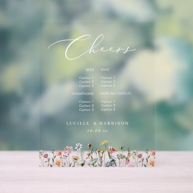 Cheers Boho Colourful Wild Flowers Wedding Bar Men Acrylic Sign (Neutral)