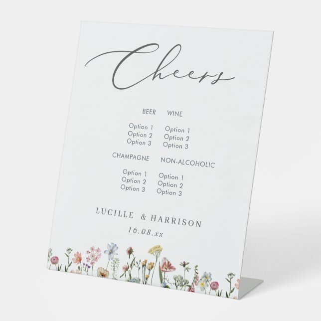 Cheers Boho Colourful Wild Flowers Wedding Bar Men Pedestal Sign (Front)