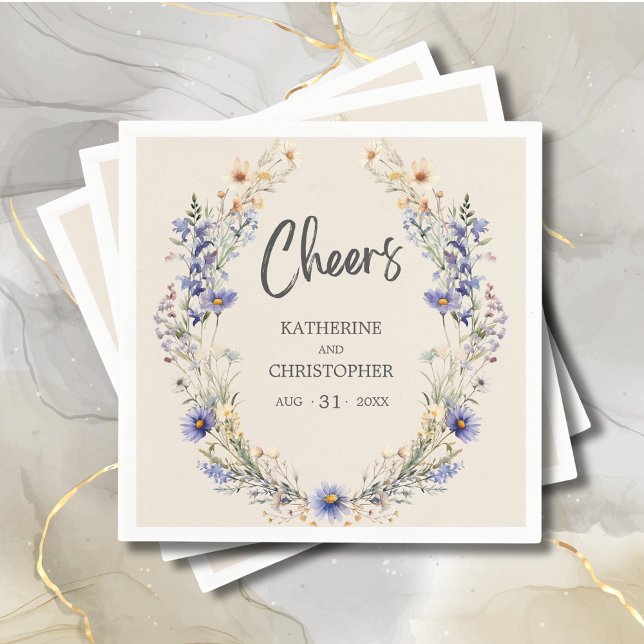 Cheers BOHO Dusty Blue Wildflower Wedding Napkin (Cheers BOHO Watercolor Wildflowers Wedding Cocktail Napkin with couple names and wedding date.)