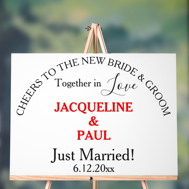Cheers Bride Groom Just Married Red Names Acrylic Sign (Neutral)