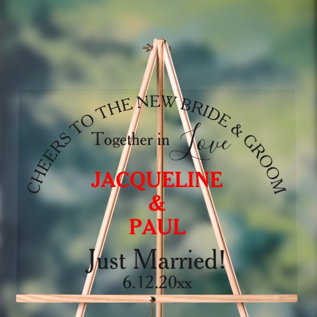 Cheers Bride Groom Just Married Red Names Acrylic Sign (Neutral)