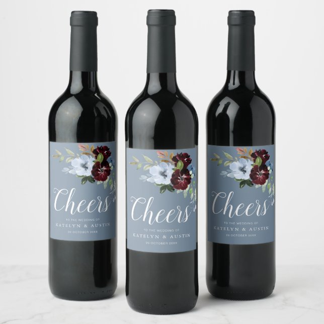 CHEERS | burgundy dusty blue floral wedding Wine Label (Bottles)