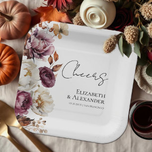 Cheers Burgundy Floral Autumn Wedding Paper Plate