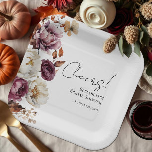 Cheers Burgundy Floral Fall Bridal Shower Paper Plate