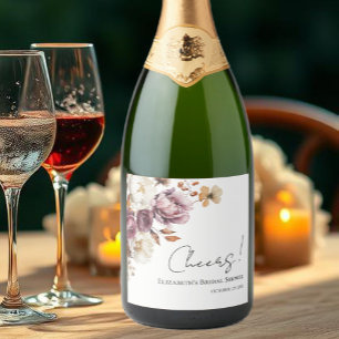 Cheers   Burgundy Floral Fall Bridal Shower Sparkling Wine Label