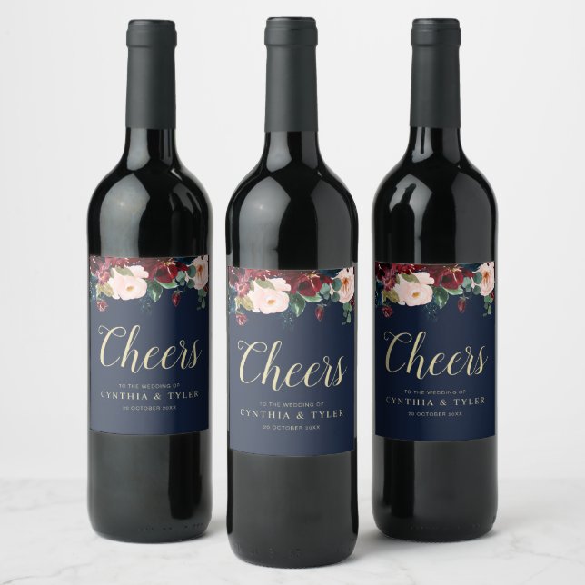 CHEERS | burgundy & navy blue floral wedding Wine Label (Bottles)