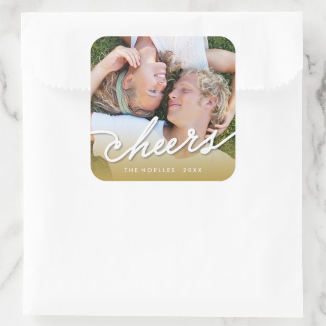 Cheers Calligraphy Script Gold Ombre Photo Holiday Square Sticker (Bag)