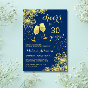Cheers Champagne Floral Gold Navy Blue Birthday Invitation