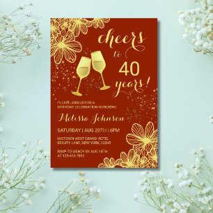 Cheers Champagne Floral Gold Terracotta  Birthday Invitation