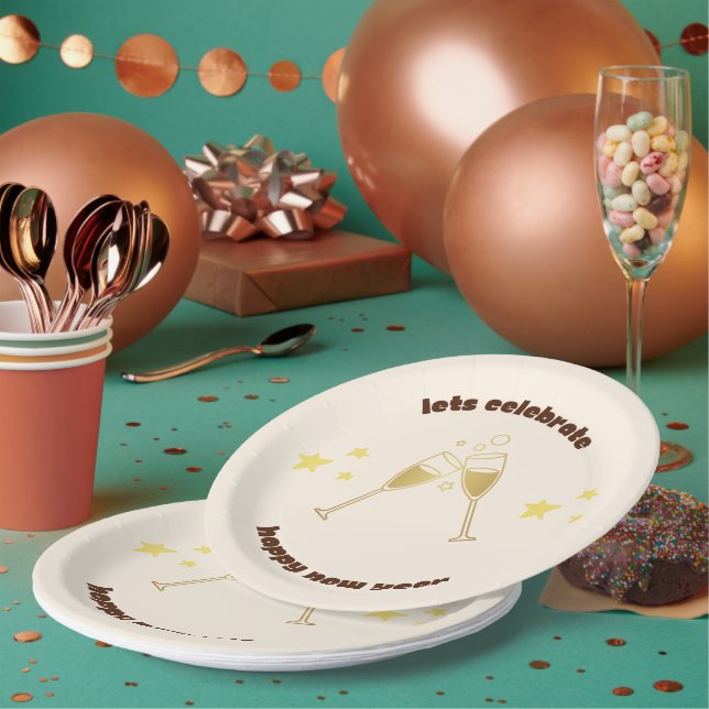 Cheers champagne glasses New Years message Paper Plate (Multi)