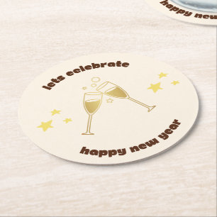 Cheers champagne glasses New Years message Round Paper Coaster