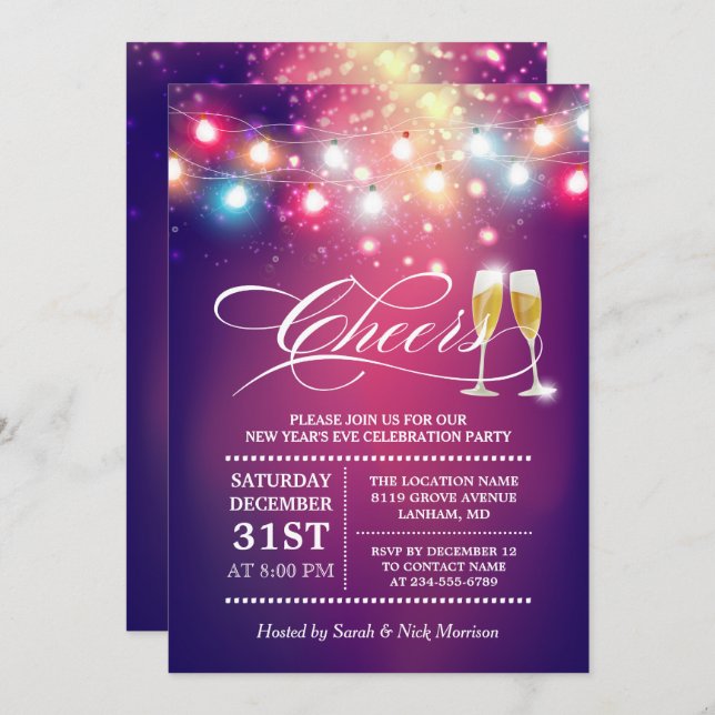 Cheers Champagne String Lights New Years Eve Party Invitation (Front/Back)