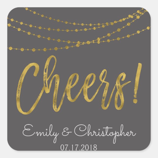 Cheers Charcoal Grey and Gold Foil String Lights Square Sticker (Front)