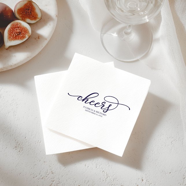Cheers - Chic Navy Blue Script Wedding Napkin (Creator Uploaded)