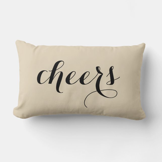 Cheers Christmas Black Script Beige Holiday Lumbar Pillow (Front)
