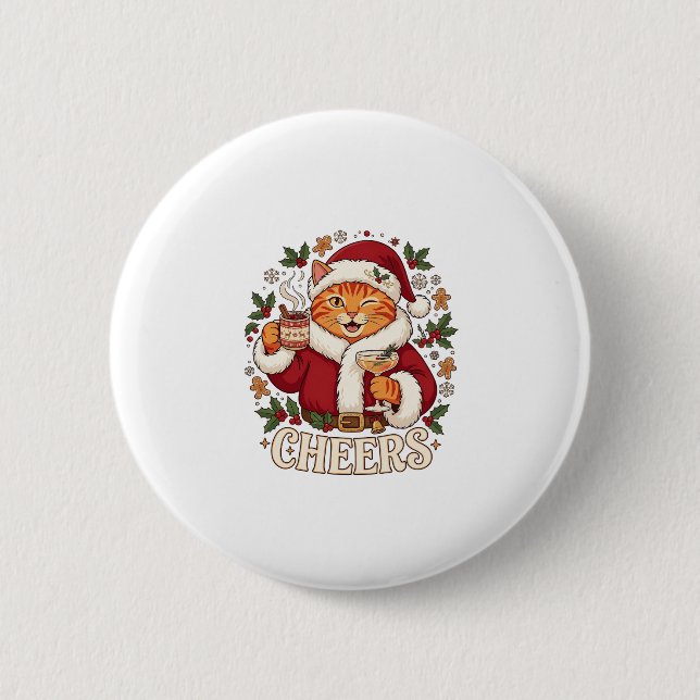 Cheers Christmas Orange Cat Santa Hat Drinks Ginge 2 Inch Round Button (Front)