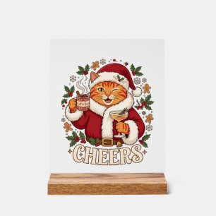 Cheers Christmas Orange Cat Santa Hat Drinks Ginge Acrylic Sign