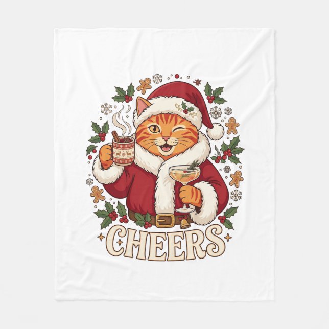 Cheers Christmas Orange Cat Santa Hat Drinks Ginge Fleece Blanket (Front)