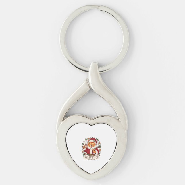 Cheers Christmas Orange Cat Santa Hat Drinks Ginge Keychain (Front)