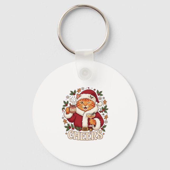 Cheers Christmas Orange Cat Santa Hat Drinks Ginge Keychain (Front)